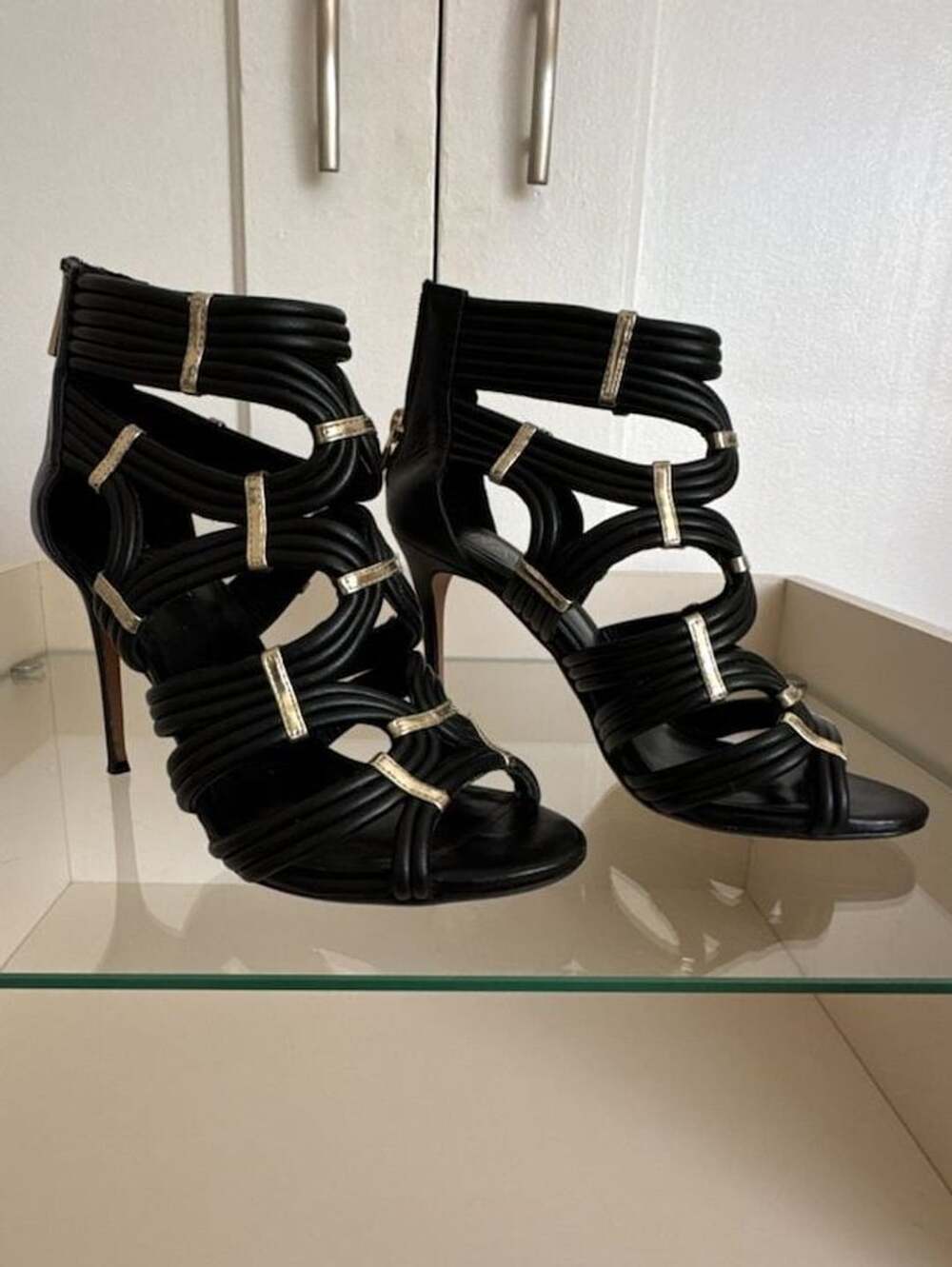 Raye Revolve Britt Heel Leather Strappy Sandal Black